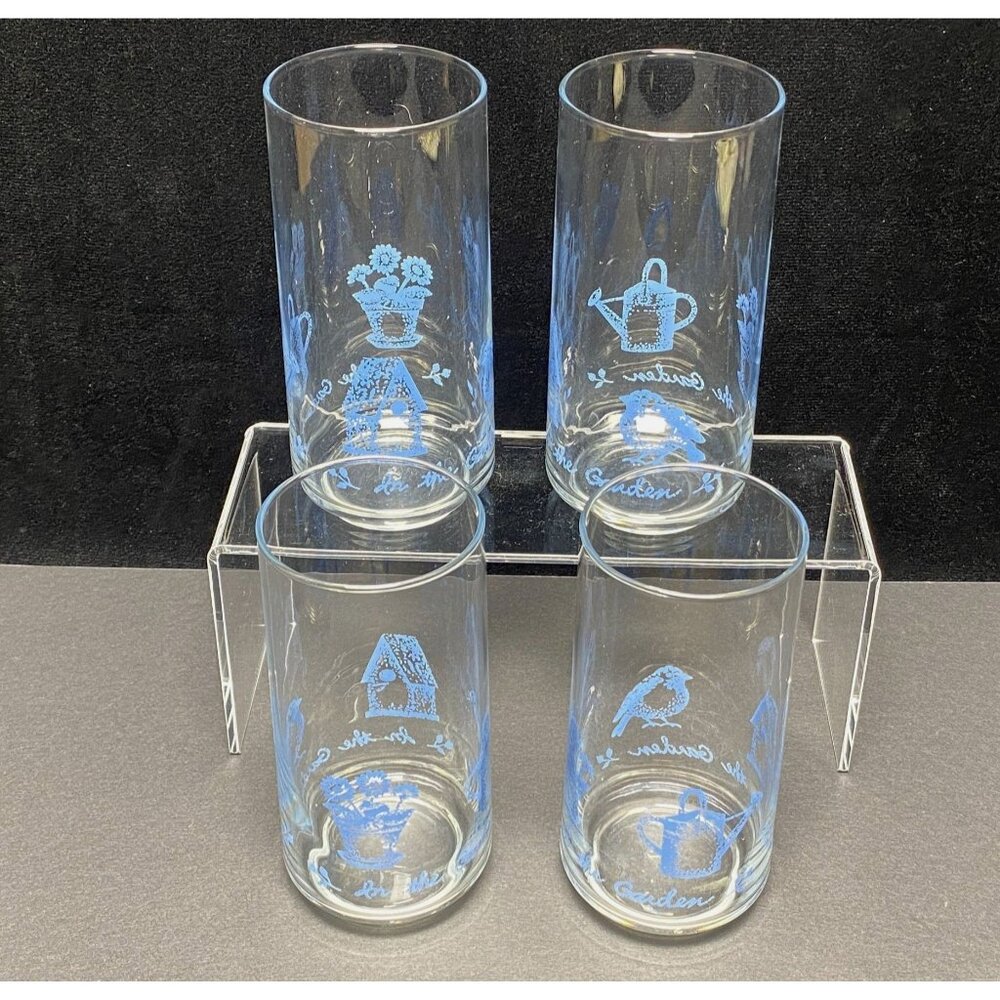 Vintage Libbey Garden Theme Glass Tumblers Set of 4 Flower Pot Bird House